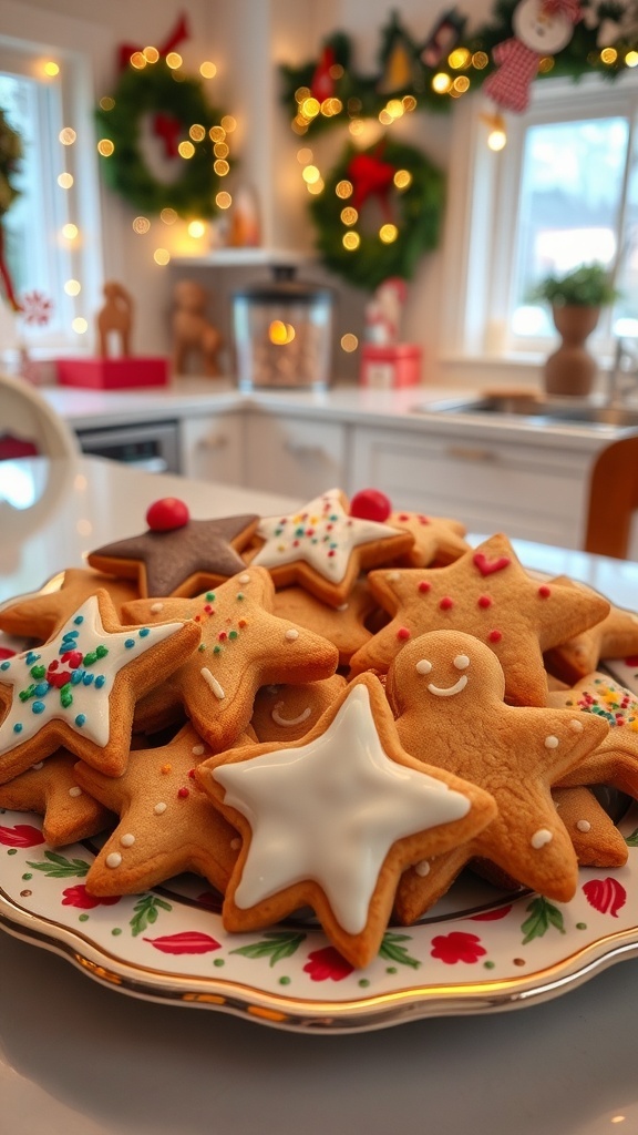 A plate of decorated Christmas cookies including stars and gingerbread men, set in a festive kitchen.